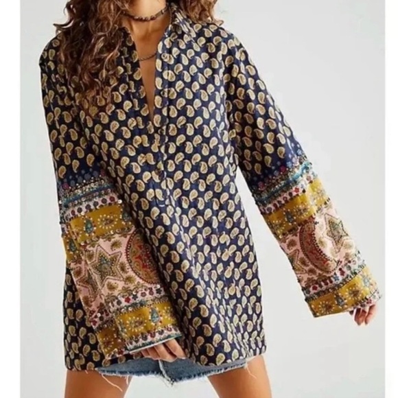Free People Tops - Free People Beaded Paisley Print Justine Tunic Shacket Shirt in XS